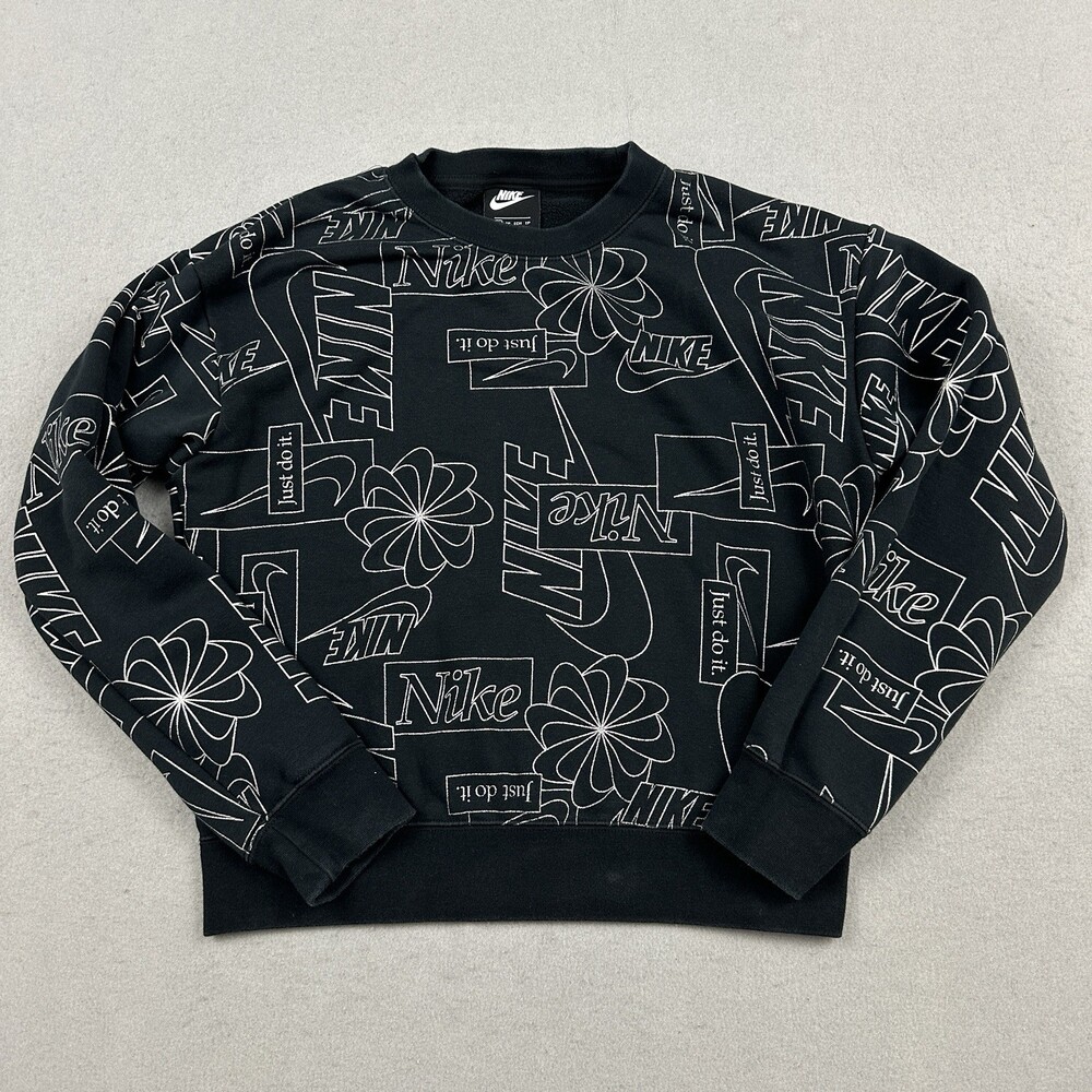 Nike Sweatshirt Women XS Black Icon Clash All Over Print Pullover Crewneck *